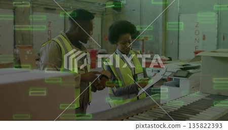 Reviewing documents with clipboard and scanner at warehouse station with boxes on conveyor belt Reviewing documents with clipboard and scanner at warehouse station with boxes on conveyor belt 135822393