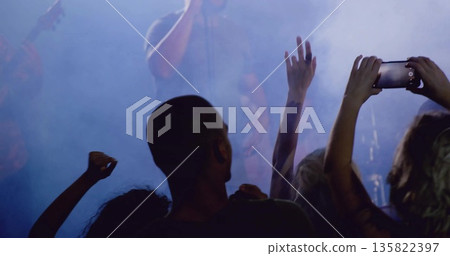 Silhouetted concertgoer holding smartphone watching performer gripping microphone at foggy hall 135822397