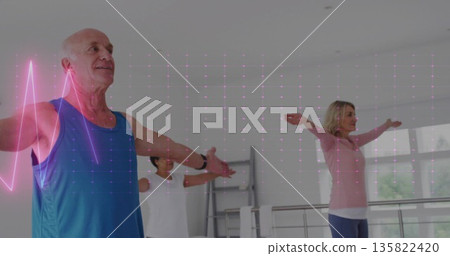 Senior man in workout top extending arms at ballet barre in studio, heart-rate overlay, copy space Senior man in workout top extending arms at ballet barre in studio, heart-rate overlay, copy space 135822420