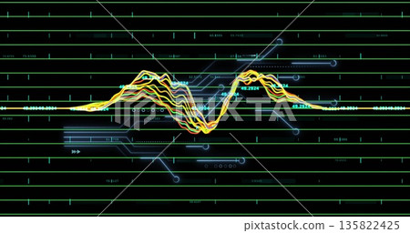 Central waveform cluster oscillating in computer interface with green grid, blue circuit and labels 135822425