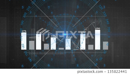 Displaying futuristic bar and line chart visualization on digital panel, with radial gauge overlay Displaying futuristic bar and line chart visualization on digital panel, with radial gauge overlay 135822441