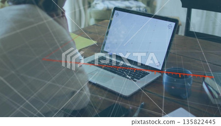 Working woman analyzing data on laptop at office, with coffee mug smartphone, overlay, copy space Working woman analyzing data on laptop at office, with coffee mug smartphone, overlay, copy space 135822445