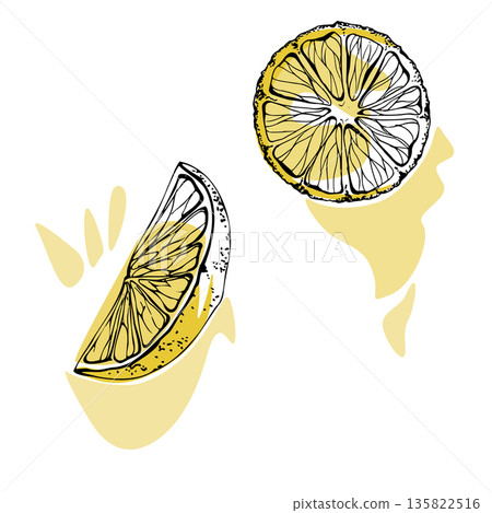 Yellow lemon slices with ink rind texture and juicy splatter, hand drawn in vector. Fresh fruit clipart for summer drink menus, recipe cards, cocktail graphics, food patterns, eco packaging design. 135822516