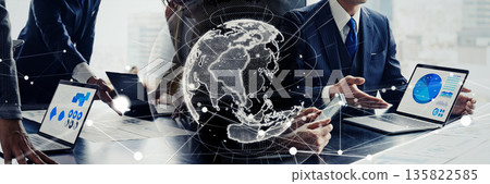 Business scene and global network concept. Horizontal visual for banners and advertisements. Business scene and global network concept. Horizontal visual for banners and advertisements. 135822585
