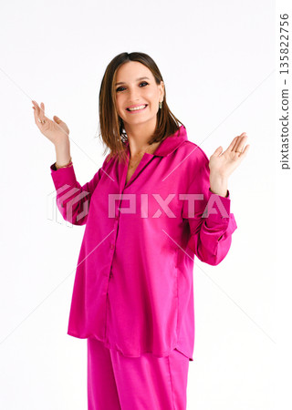Smiling Woman In Pink Satin Pajamas Smiling Woman In Pink Satin Pajamas 135822756