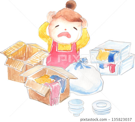 一位女士費力地搬運雜亂的搬家行李的插圖 - 向量圖 135823037