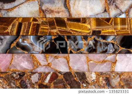Petrified wood, Rose Quartz, Agate black, Tigers Eye, set of luxury precious stones with gold leafs. 135823331