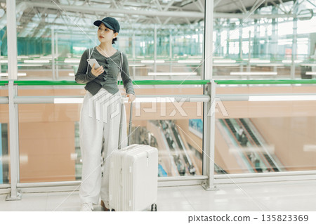 A woman leaving the airport for a trip (Photo courtesy of Kansai International Airport (KIX)) 135823369