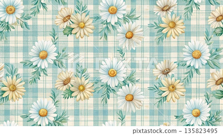 Watercolor floral seamless pattern peach and yellow flowers with dark blue leaves 135823495