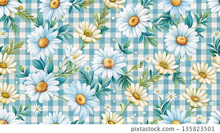 Watercolor floral seamless pattern peach and yellow flowers with dark blue leaves 135823501