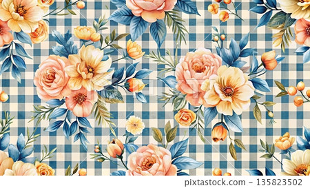 Watercolor floral seamless pattern peach and yellow flowers with dark blue leaves 135823502