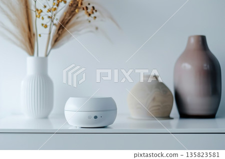 A smart home device sits on a flat surface in a room. It is surrounded by decorative vases and a dried flower arrangement. The setting is minimal and organized 135823581