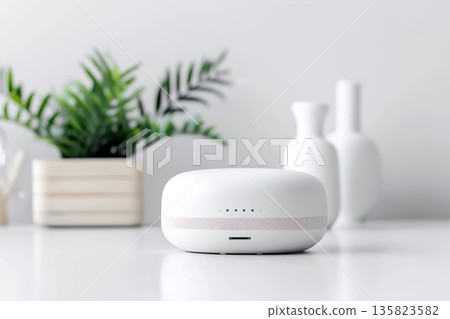 A smart home device stands on a clean table. It is surrounded by simple decorative objects. Green plants and white vases add to the modern look of the space. Soft light brightens the area 135823582