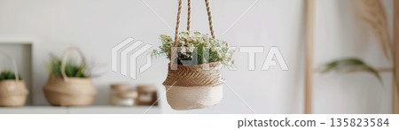 A fiber hanging planter holds small green plants and flowers. It is displayed in a bright room filled with soft colors and natural decor. Other planters can be seen in the background 135823584