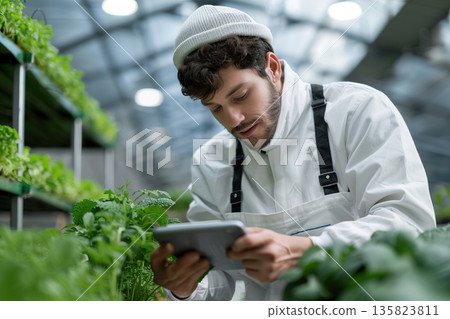 A person in a greenhouse checks digital sensors on a tablet. The setting is filled with vibrant green plants. This activity takes place during daytime in a controlled environment 135823811