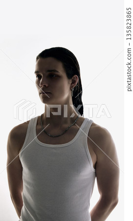 Man portrait facing camera in studio isolated on white. Man portrait facing camera in studio isolated on white. 135823865