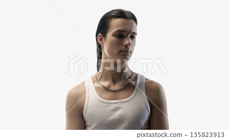 Man portrait looking down in studio isolated on white. Man portrait looking down in studio isolated on white. 135823913
