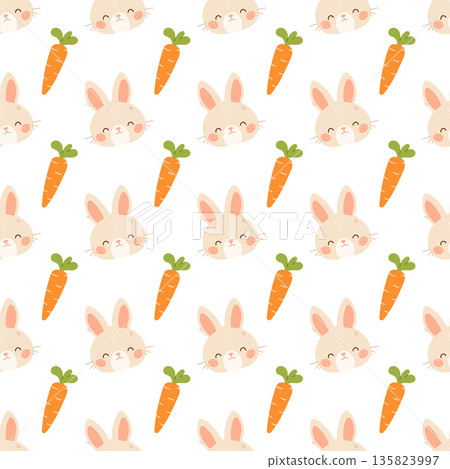 Cute bunny rabbit with carrot seamless pattern. Flat vector illustration 135823997