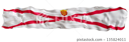 Stylized flag of Jersey waving in the wind, isolated on white background. Footer, header or divider. Cut out wide, panoramic element. Banner for patriotic themes or national event promotions. 3D. Stylized flag of Jersey waving in the wind, isolated on white background. Footer, header or divider. Cut out wide, panoramic element. Banner for patriotic themes or national event promotions. 3D. 135824011