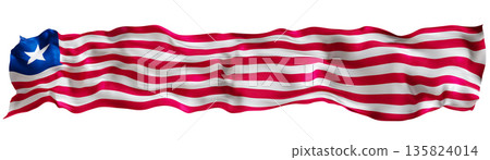 Stylized flag of Liberia waving in the wind, isolated on white background. Footer, header or divider. Cut out wide, panoramic element. Banner for patriotic themes or national event promotions. 3D. Stylized flag of Liberia waving in the wind, isolated on white background. Footer, header or divider. Cut out wide, panoramic element. Banner for patriotic themes or national event promotions. 3D. 135824014
