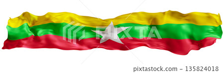Stylized flag of Myanmar waving in the wind, isolated on white background. Footer, header or divider. Cut out wide, panoramic element. Banner for patriotic themes or national event promotions. 3D. Stylized flag of Myanmar waving in the wind, isolated on white background. Footer, header or divider. Cut out wide, panoramic element. Banner for patriotic themes or national event promotions. 3D. 135824018