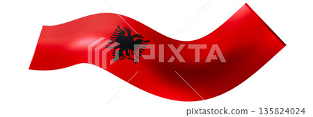 Flag of Albania, like a ribbon, isolated on white background. Footer, header or divider. Cut out wide, panoramic element. Banner for patriotic themes or national event promotions. Wave shape. 3D. Flag of Albania, like a ribbon, isolated on white background. Footer, header or divider. Cut out wide, panoramic element. Banner for patriotic themes or national event promotions. Wave shape. 3D. 135824024