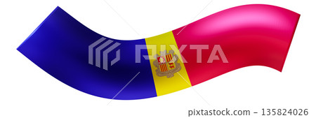 Flag of Andorra, like a ribbon, isolated on white background. Footer, header or divider. Cut out wide, panoramic element. Banner for patriotic themes or national event promotions. Wave shape. 3D. Flag of Andorra, like a ribbon, isolated on white background. Footer, header or divider. Cut out wide, panoramic element. Banner for patriotic themes or national event promotions. Wave shape. 3D. 135824026