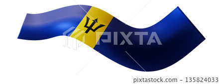 Flag of Barbados, like a ribbon, isolated on white background. Footer, header or divider. Cut out wide, panoramic element. Banner for patriotic themes or national event promotions. Wave shape. 3D. Flag of Barbados, like a ribbon, isolated on white background. Footer, header or divider. Cut out wide, panoramic element. Banner for patriotic themes or national event promotions. Wave shape. 3D. 135824033