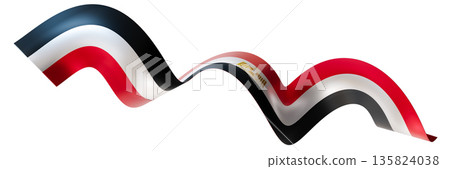 Flag of Egypt, like a ribbon, isolated on white background. Footer, header or divider. Cut out wide, panoramic element. Banner for patriotic themes or national event promotions. Wave shape. 3D. Flag of Egypt, like a ribbon, isolated on white background. Footer, header or divider. Cut out wide, panoramic element. Banner for patriotic themes or national event promotions. Wave shape. 3D. 135824038