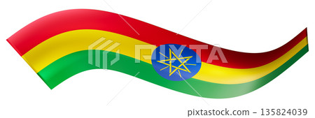 Flag of Ethiopia, like a ribbon, isolated on white background. Footer, header or divider. Cut out wide, panoramic element. Banner for patriotic themes or national event promotions. Wave shape. 3D. 135824039