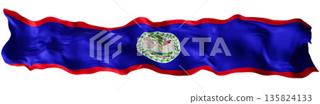Stylized flag of Belize waving in the wind, isolated on white background. Footer, header or divider. Cut out wide, panoramic element. Banner for patriotic themes or national event promotions. 3D. Stylized flag of Belize waving in the wind, isolated on white background. Footer, header or divider. Cut out wide, panoramic element. Banner for patriotic themes or national event promotions. 3D. 135824133