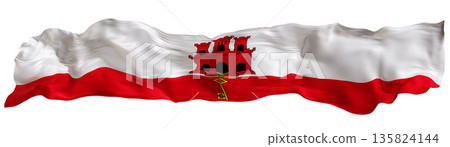 Stylized flag of Gibraltar waving in the wind, isolated on white background. Footer, header or divider. Cut out wide, panoramic element. Banner for patriotic themes or national event promotions. 3D. 135824144