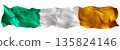 Stylized flag of Ireland waving in the wind, isolated on white background. Footer, header or divider. Cut out wide, panoramic element. Banner for patriotic themes or national event promotions. 3D. 135824146