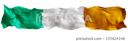 Stylized flag of Ireland waving in the wind, isolated on white background. Footer, header or divider. Cut out wide, panoramic element. Banner for patriotic themes or national event promotions. 3D. Stylized flag of Ireland waving in the wind, isolated on white background. Footer, header or divider. Cut out wide, panoramic element. Banner for patriotic themes or national event promotions. 3D. 135824146