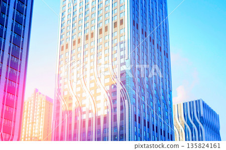 Skyscrapers in bright glass exteriors sunlight on sunset. Modern facade office buildings in China Skyscrapers in bright glass exteriors sunlight on sunset. Modern facade office buildings in China 135824161