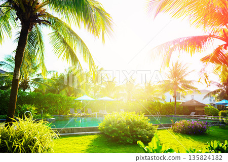 Swimming pool with turquoise water surrounded by palm trees in tropical resort.  135824182