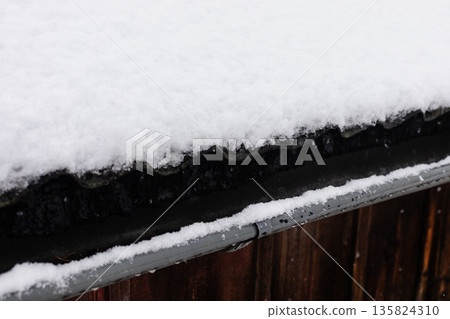 Snow covers the roof of a building. The thick layer of white snow rests on the edge of the roof, with droplets forming on the gutter below. It is winter and the ground shows no signs of melting Snow covers the roof of a building. The thick layer of white snow rests on the edge of the roof, with droplets forming on the gutter below. It is winter and the ground shows no signs of melting 135824310