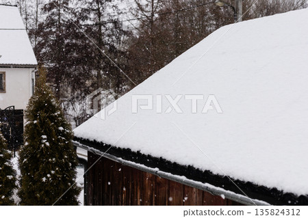 Snow covers a roof and nearby trees in a residential area. Flakes are falling steadily, indicating a cold winter day. The scene shows a simple winter landscape Snow covers a roof and nearby trees in a residential area. Flakes are falling steadily, indicating a cold winter day. The scene shows a simple winter landscape 135824312