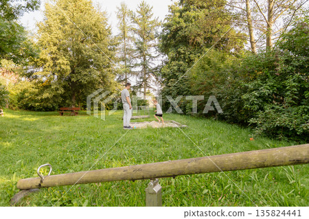 A father plays with his child at a park playground, surrounded by lush trees and grass. They share laughter and joy while enjoying the outdoors on a bright day 135824441