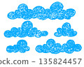 Hand-drawn cloud doodles with soft crayon texture for kids designs, nursery decor or playful sky-themed illustrations with pastel pen. Vector elements on white background 135824457