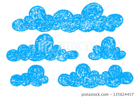 Hand-drawn cloud doodles with soft crayon texture for kids designs, nursery decor or playful sky-themed illustrations with pastel pen. Vector elements on white background Hand-drawn cloud doodles with soft crayon texture for kids designs, nursery decor or playful sky-themed illustrations with pastel pen. Vector elements on white background 135824457