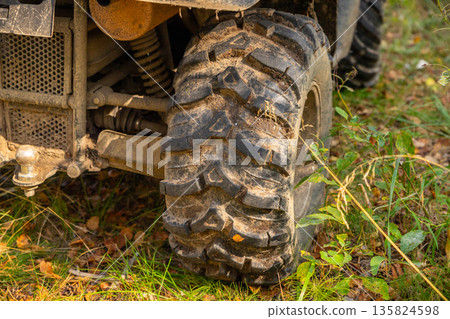 dirty right wheel of an ATV or quad bike on grass in forest 135824598