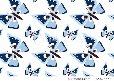 Seamless pattern with a blue butterfly with spread wings in flight. Summer butterfly. Hand-drawn spring insect. Beautiful summer tropical moths. Flat style. Seamless pattern with a blue butterfly with spread wings in flight. Summer butterfly. Hand-drawn spring insect. Beautiful summer tropical moths. Flat style. 135824638