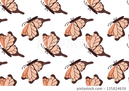 Seamless pattern with a pink butterfly with folded wings. Summer butterfly. Spring insect illustration. Beautiful hand-drawn summer tropical moths. Flat style. Seamless pattern with a pink butterfly with folded wings. Summer butterfly. Spring insect illustration. Beautiful hand-drawn summer tropical moths. Flat style. 135824639