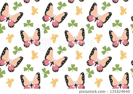 Seamless pattern with a pink butterfly and clover leaves. Summer butterfly. Spring insect illustration. Beautiful hand-drawn summer tropical moths. Flat style. Seamless pattern with a pink butterfly and clover leaves. Summer butterfly. Spring insect illustration. Beautiful hand-drawn summer tropical moths. Flat style. 135824640