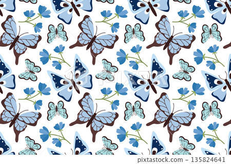 Seamless pattern with blue butterflies and blue flowers. Summer butterfly. Spring insect illustration. Beautiful hand-drawn summer tropical moths. Flat style. Seamless pattern with blue butterflies and blue flowers. Summer butterfly. Spring insect illustration. Beautiful hand-drawn summer tropical moths. Flat style. 135824641
