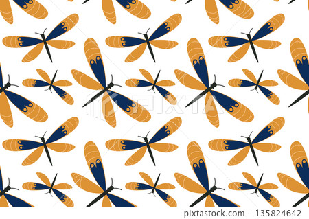 Seamless pattern with a yellow dragonfly with blue wing patterns. Summer butterfly. Spring insect illustration. Beautiful hand-drawn summer tropical moths. Flat style. Seamless pattern with a yellow dragonfly with blue wing patterns. Summer butterfly. Spring insect illustration. Beautiful hand-drawn summer tropical moths. Flat style. 135824642
