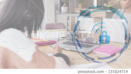 Writing teenager wearing colorblock sweater jotting notes at home desk, mom observing laptop call Writing teenager wearing colorblock sweater jotting notes at home desk, mom observing laptop call 135824714