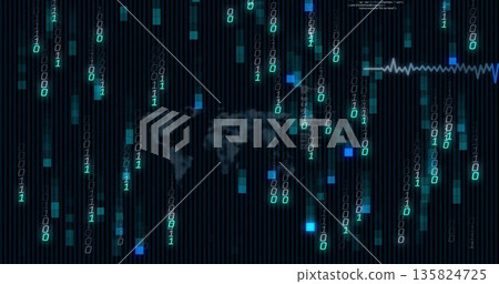 Cascading binary digits streaming over interface, map silhouette, glowing pixels, pulse waveform Cascading binary digits streaming over interface, map silhouette, glowing pixels, pulse waveform 135824725