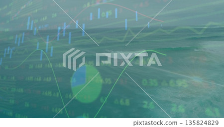 Overlaying green financial data on sunlit sea featuring line graph candlestick percentage pie chart 135824829